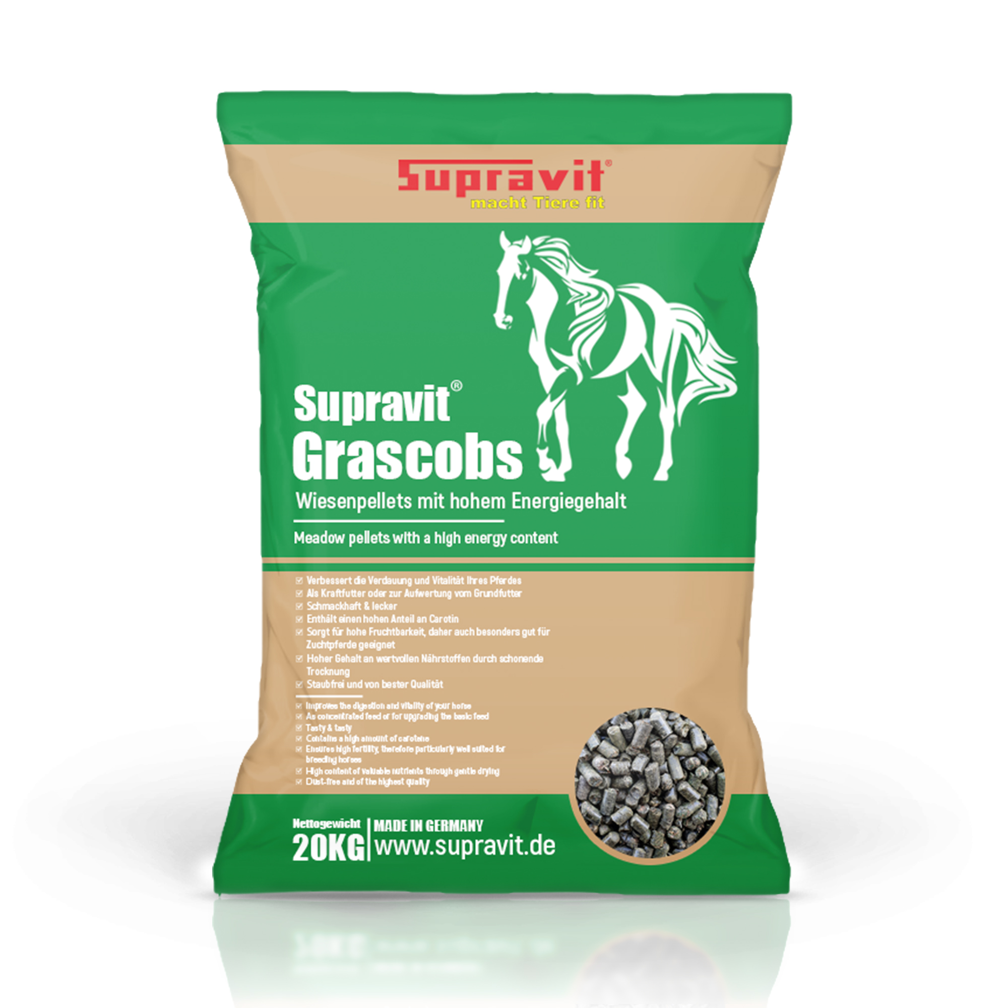 Supravit Grascobs Pferd 20kg | natürliche Graspellets als Heuersatz | Wiesencobs für Pferde mit hohem Energiegehalt | Pferdefutter Heucobs aus frischem Gras