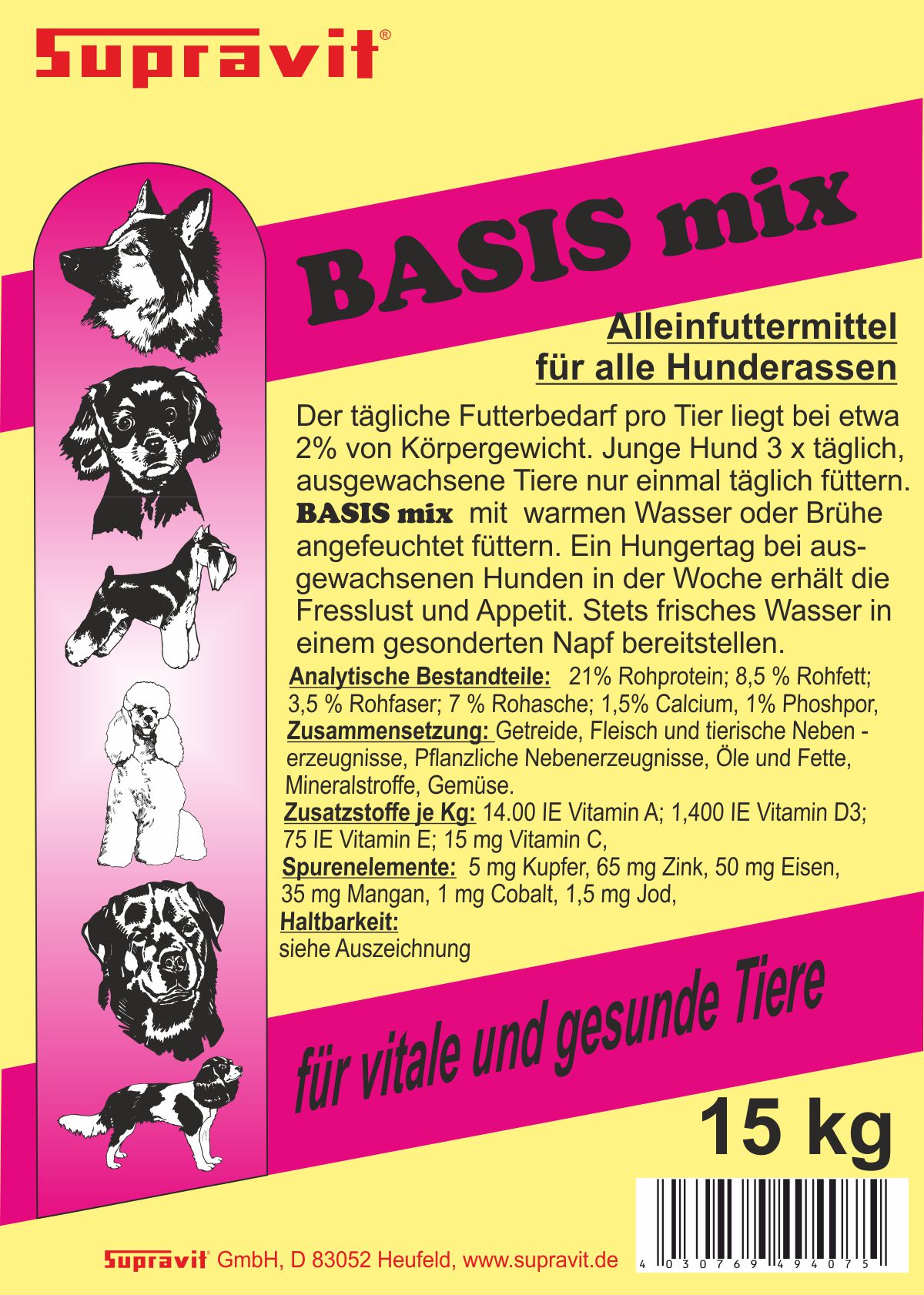Supravit Basis Mix Trockenfutter für Hunde aller Rassen Junghunde & Adult 15kg